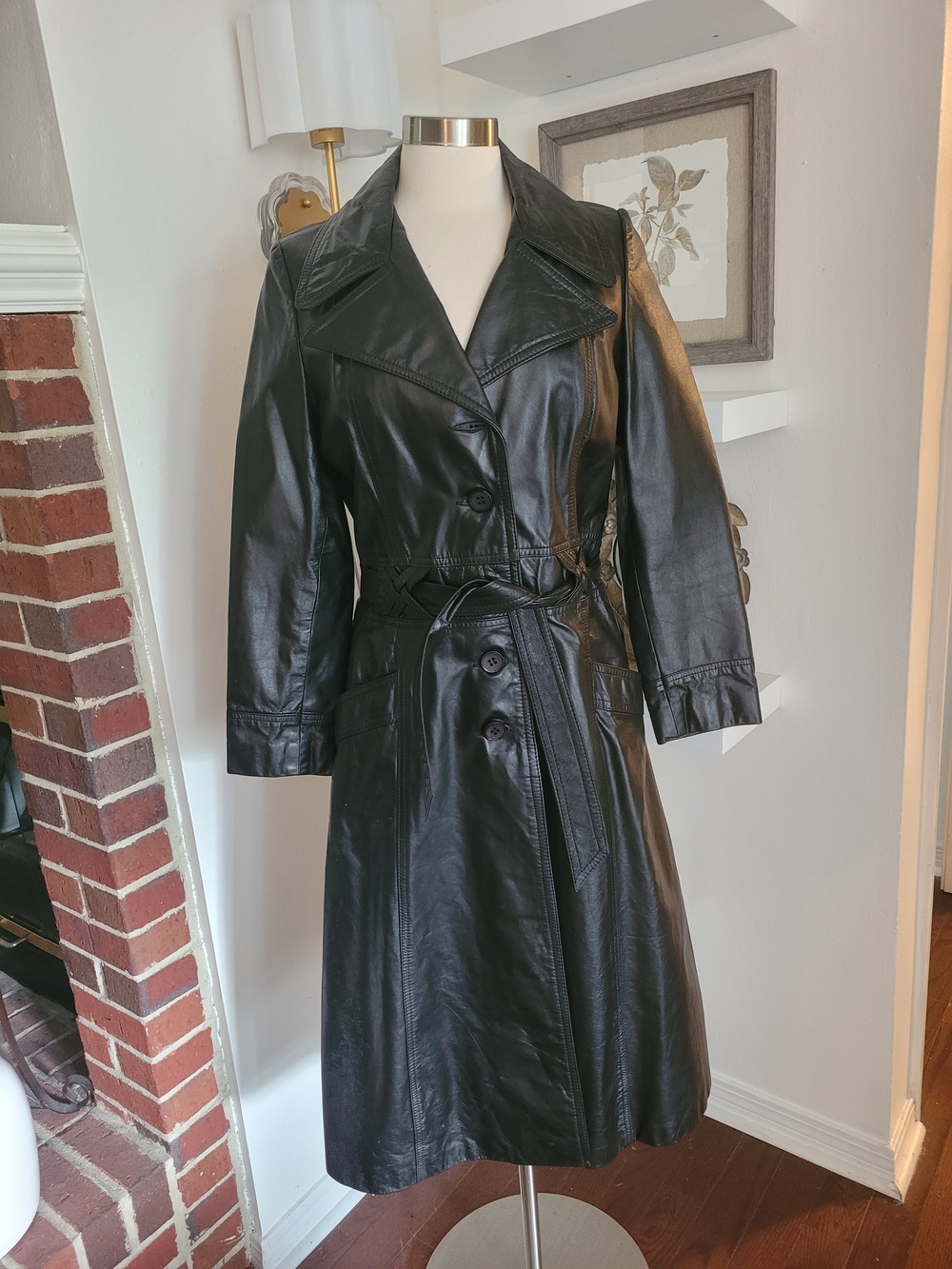 Vintage Olympic U S A Classic Black Leather Trench Coat - Women